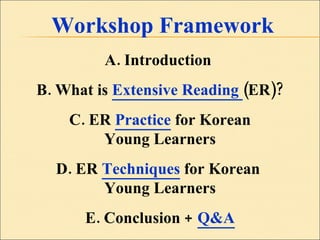 Workshop Framework A. Introduction  B. What is  Extensive Reading  (ER)? C. ER  Practice  for Korean  Young Learners D. ER  Techniques  for Korean  Young Learners E. Conclusion +  Q&A 