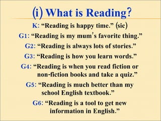 (i) What is Reading? K:  “Reading is happy time.” (sic)  G1:  “Reading is my mum’s favorite thing.” G2:  “Reading is always lots of stories.” G3:  “Reading is how you learn words.” G4:  “Reading is when you read fiction or  non-fiction books and take a quiz.” G5:  “Reading is much better than my  school English textbook.”  G6:  “Reading is a tool to get new  information in English.” 