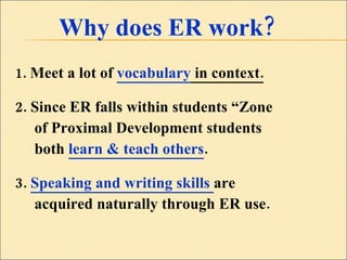 Why does ER work?  1.  Meet a lot of  vocabulary  in context. 2. Since ER falls within students “Zone  of Proximal Development students  both  learn & teach others . 3.  Speaking and writing skills  are  acquired naturally through ER use. 