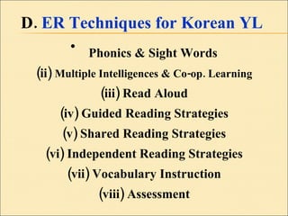 D.  ER Techniques for Korean YL Phonics & Sight Words (ii)  Multiple Intelligences & Co-op. Learning (iii) Read Aloud (iv) Guided Reading Strategies (v) Shared Reading Strategies (vi) Independent Reading Strategies (vii) Vocabulary Instruction (viii) Assessment 