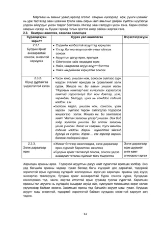 61
Маргааш нь зааныг усанд ирэхэд оготно хамрын нүхээрхад орж, уушги цээжийг
нь урж тастахад заан цовхчин туйлж хавь ойрын айл амьтныг дайран сүйтгэн нүүгээгүй
үлдсэн айлуудыг үнсэн товрог болгожээ. Ингээд заан галзуурч үхсэн гэнэ. Харин оготно
хамрын нүхээр нь буцаж гараад голын эрэгтээ амар сайхан жаргаж гэнэ.
2.3. Хамтран ажиллах, саналаа солилцох
Суралцахуйн
зорилт
Сурах үйл ажиллагаа Хэрэглэгдэхүүн
2.3.1.
Бусдын яриаг
анхааралтай
сонсож, оновчтой
хариулах
 Сэдвийн холбоотой асуултад хариулах
 Үлгэр, богино өгүүллэгийн утгыг ойлгож
сонсох
 Асуултын дагуу ярих, ярилцах
 Ойлгосноо найз нөхдөдөө ярих
 Найз, нөхдөөсөө асуух асуулт бэлтгэх
 Найз нөхдийнхөө хариултыг сонсох
2.3.2.
Юунд дуртайгаа
үндэслэлтэй хэлэх
 Үзсэн кино, уншсан ном, сонссон зүйлээс сурч
мэдсэн зүйлийг ярихдаа эх сурвалжийг хэлж
сурах. Жишээ нь: Би аавын уншиж өгсөн
“Норовын намтар”-аас хичээлийн хэрэглэлээ
гамтай хэрэглэхгүй бол ном дэвтэр, үзэг,
харандаа, баллуур, цүнх нь гомддог гэдгийг
мэдсэн. г.м
 Болсон явдал, уншсан ном, сонссон, үзэж
харсан зүйлээс төрсөн сэтгэгдлээ тодорхой
жишээгээр хэлэх. Жишээ нь: Би ээжтэйгээ
хамт “Алтан загасны үлгэр” уншсан. Ээж бид
хоѐр ээлжлэн уншсан. Би алтан загасны
үгийг уншсан. Загас их хөөрхөн, тусч амьтан
гэдгийг мэдсэн. Харин шуналтай эмгэнд
дургүй их хүрсэн. Хэрэв ... гэх зэргээр өөрийн
болгож тодорхой ярих
2.3.3.
Ээлж дараагаар
ярих
 Жижиг бүлгээр ажиллахдаа, ээлж дараагаар
ярих дүрмийг баримтлан ажиллах
 Бусдын яриаг таслахгүй сонсох, сонсох үедээ
анхаарал татасан зүйлийг товч тэмдэглэх
Ээлж дараагаар
ярих дүрмийг
анги хамт
олноороо гаргах
Харилцан ярианы арга. Тодорхой асуултын дагуу нийт сурагчтай ярилцах хэлбэр. Энэ
үед багшийн ярианы чадвар чухал бөгөөд багш хүүхдийг дэс дараатай, тодорхой
зорилотой ярьж сургахад хүүхдийг жолоодохын зэрэгцээ харилцан ярианы үед хүүхд
энхээрлээ төвлөрүүэх, бусдын яриаг анхааралтай бүрэн сонсож сурах, бусдадаа
сонсогдохоо тод, чанга, өөртөө итгэлтэй ярьж сурахад туслах үүрэгтэй. Харилцан
ярианы гол агуулга нь хүүхдийн амьдрал ахуйд ойр, хүмүүжил төлөвшилд эерэг нөлөө
үзүүлэхээр байвал зохино. Харилцан ярины үед багшийн асуулт маш чухал. Хүүхдэд
асуулт маш оновчтой, тодорхой зорилготой байвал хүүхдээс оновчтой хариулт авч
чадна.
 