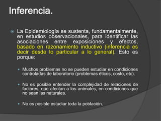Inferencia.
 La Epidemiología se sustenta, fundamentalmente,
en estudios observacionales, para identificar las
asociaciones entre exposiciones y efectos,
basado en razonamiento inductivo (inferencia es
decir desde lo particular a lo general). Esto es
porque:
 Muchos problemas no se pueden estudiar en condiciones
controladas de laboratorio (problemas éticos, costo, etc).
 No es posible entender la complejidad de relaciones de
factores, que afectan a los animales, en condiciones que
no sean las naturales.
 No es posible estudiar toda la población.
 