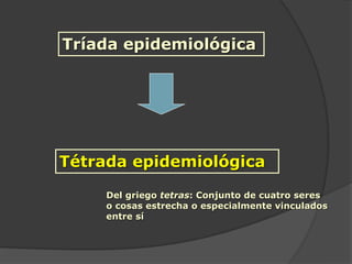 Tríada epidemiológica
Tétrada epidemiológica
Del griego tetras: Conjunto de cuatro seres
o cosas estrecha o especialmente vinculados
entre sí
 