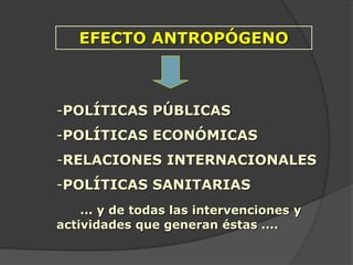 EFECTO ANTROPÓGENO
-POLÍTICAS PÚBLICAS
-POLÍTICAS ECONÓMICAS
-RELACIONES INTERNACIONALES
-POLÍTICAS SANITARIAS
... y de todas las intervenciones y
actividades que generan éstas ....
 