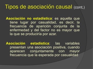 Tipos de asociación causal (cont.)
Asociación no estadística: es aquella que
tiene lugar por casualidad, es decir, la
frecuencia de aparición conjunta de la
enfermedad y del factor no es mayor que
la que se produciría por azar.
Asociación estadística: las variables
presentan una asociación positiva, cuando
aparecen conjuntamente con mayor
frecuencia que la esperada por casualidad
 