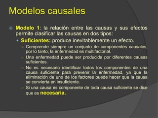Modelos causales
 Modelo 1: la relación entre las causas y sus efectos
permite clasificar las causas en dos tipos:
 Suficientes: produce inevitablemente un efecto.
○ Comprende siempre un conjunto de componentes causales,
por lo tanto, la enfermedad es multifactorial.
○ Una enfermedad puede ser producida por diferentes causas
suficientes.
○ No es necesario identificar todos los componentes de una
causa suficiente para prevenir la enfermedad, ya que la
eliminación de uno de los factores puede hacer que la causa
se convierta en insuficiente.
○ Si una causa es componente de toda causa suficiente se dice
que es necesaria.
 