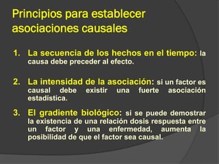 Principios para establecer
asociaciones causales
1. La secuencia de los hechos en el tiempo: la
causa debe preceder al efecto.
2. La intensidad de la asociación: si un factor es
causal debe existir una fuerte asociación
estadística.
3. El gradiente biológico: si se puede demostrar
la existencia de una relación dosis respuesta entre
un factor y una enfermedad, aumenta la
posibilidad de que el factor sea causal.
 