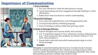 Importance of Communication
1.Active Listening:
1. Pay close attention to what the other person is saying.
2. Avoid interrupting and show engagement through nodding or verbal
affirmations.
3. Reflect back what was heard to confirm understanding.
2.Respectful Dialogue:
1. Use a calm and respectful tone, even if disagreements arise.
2. Avoid personal attacks or blaming language.
3. Focus on finding a solution rather than proving a point.
3.Clarity in Message Delivery:
1. Express thoughts and concerns clearly and concisely.
2. Use "I" statements instead of "You" statements to reduce defensiveness
(e.g., "I feel concerned when deadlines are missed" instead of "You
never meet deadlines").
3. Ensure both verbal and nonverbal communication align to avoid
mixed messages.
Example:
•Scenario: A misunderstanding between two coworkers leads to tension.
Instead of making assumptions, they schedule a meeting to discuss their
concerns openly. By listening actively and speaking respectfully, they clarify
their positions and find a solution that works for both.
 