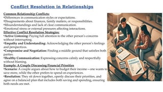 Conflict Resolution in Relationships
Common Relationship Conflicts:
•Differences in communication styles or expectations.
•Disagreements about finances, family matters, or responsibilities.
•Misunderstandings and lack of clear communication.
•Emotional stress or external pressures affecting interactions.
Effective Conflict Resolution Strategies:
•Active Listening: Paying full attention to the other person’s concerns
without interrupting.
•Empathy and Understanding: Acknowledging the other person’s feelings
and perspectives.
•Compromise and Negotiation: Finding a middle ground that satisfies both
parties.
•Healthy Communication: Expressing concerns calmly and respectfully
without blaming.
Example: A Couple Discussing Financial Priorities
•Scenario: A couple argues about how to budget their income—one wants to
save more, while the other prefers to spend on experiences.
•Resolution: They sit down together, openly discuss their priorities, and
agree on a balanced plan that includes both saving and spending, ensuring
both needs are met.
 