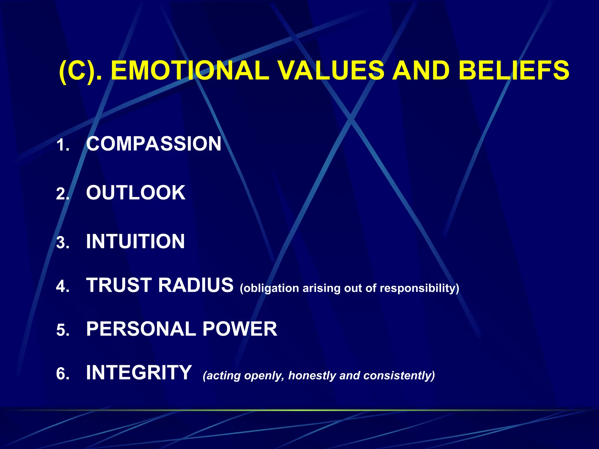 (C). EMOTIONAL VALUES AND BELIEFS
1. COMPASSION
2. OUTLOOK
3. INTUITION
4. TRUST RADIUS (obligation arising out of responsibility)
5. PERSONAL POWER
6. INTEGRITY (acting openly, honestly and consistently)
 