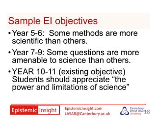 Epistemicinsight.com
LASAR@Canterbury.ac.uk
Sample EI objectives
•Year 5-6: Some methods are more
scientific than others.
•Year 7-9: Some questions are more
amenable to science than others.
•YEAR 10-11 (existing objective)
Students should appreciate “the
power and limitations of science”
18
 