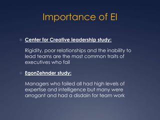 Importance of EI
 Center for Creative leadership study:

Rigidity, poor relationships and the inability to
lead teams are the most common traits of
executives who fail
 EgonZehnder study:

Managers who failed all had high levels of
expertise and intelligence but many were
arrogant and had a disdain for team work

 