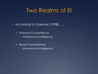 Two Realms of EI
 According to Goleman (1998) . . .
 Personal Competence
 Intrapersonal intelligence

 Social Competence
 Interpersonal intelligence

 