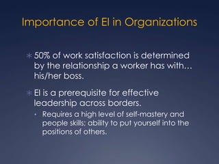 Importance of EI in Organizations
 50% of work satisfaction is determined

by the relationship a worker has with…
his/her boss.

 EI is a prerequisite for effective

leadership across borders.

• Requires a high level of self-mastery and

people skills; ability to put yourself into the
positions of others.

 