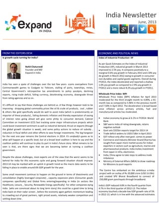 India Newsletter
June, 2013
FROM THE EDITORS DESK
Is growth cycle turning for India?
Rohit Chaturvedi
Founder and MD
Expand in India
India has seen a spate of challenges over the last few years- scams everywhere from
Commonwealth games to Coalgate to Telecom, stalling of ports, townships, mines,
Central Government’s retrospective tax amendments to policy paralysis, declining
exports, rising trade deficit, falling currency, decelerating economy, downgrade threat
from rating agencies and so on.
It’s difficult to say that these challenges are behind us .A few things however look to be
improving - dropping global commodity prices like oil & crude oil products, coal , rubber
& others like gold specifically would do well to assist India (which is predominantly an
importer of these products) , falling domestic inflation and thereby expectation of easing
of interest rates going ahead will give some philip to consumer demand, Cabinet
Committee on Investment (CCI) fast tracking some major infrastructure projects which
could boost investment sentiment as well as industrial demand, thrust on exports (though
the global growth situation is weak), and some policy actions to reduce oil subsidy ,
reduction in fiscal deficit and other efforts to woo foreign investments. The big hangover
for the next one year remains the Central elections in 2014. It’s anybody’s guess as to
what will happen at a specific level, but at a broad level coalition is here to say and the
coalition politics will continue to play its part in India’s future story. What remains to be
seen is that, are there signs that we are becoming better at running a coalition
government.
Despite the above challenges, most experts are of the view that the worst seems to be
behind for India for this economic cycle and going forward situation should improve.
2013-14 may be marked with an uptick in growth trend as the macro data seems to be
falling in place to enable around 6% GDP growth for the year.
Some small movement continue to happen on the ground in terms of divestments and
consolidation (highly leveraged corporate) , capacity expansion plans (Consumer goods
companies specifically) and Global firms entering/expanding in India (in sectors like
Healthcare, Leisure, , Security, Renewable Energy specifically) For other companies eying
India (who are convinced about its long term story) this could be a good time to bring
India back on their radar screen , before the economy again gathers momentum leading
to crowding out of great partners, right priced assets, relatively weaker competition and
settling down time .
ECONOMIC AND POLITICAL NEWS
Index of Industrial Production- IIP
As per Quick Estimates on the Index of Industrial
Production (IIP), industrial growth in March 2013
improved to 2.5% yoy. It compares positively to a
marginal 0.6% yoy growth in February 2013 and 2.8% yoy
de-growth in March 2012 owing to growth in consumer
non-durables and capital goods segments. Overall during
FY2013, the index decelerated and reported a shallow
1.0% yoy growth as compared to 2.9% yoy growth in
FY2012 and a more robust 8.2% yoy growth in FY2011.
Wholesale Price Index- WPI
Wholesale Price Index (WPI) inflation for April 2013
moderated for the third straight month to 4.89%, a 41-
month low as compared to 5.96% in the previous month
and 7.50% in April 2012. The deceleration is broad-based
since inflation across primary articles, fuel and
manufactured articles has moderated.
Indian economy to grow at 6.1% in FY2014: World
Bank
S&P warns India of rating downgrade, retains
negative outlook
Govt sets $325bn exports target for 2013-14
Trade deficit widens to USD17.8bn in April 2013
GST rollout only after next govt. comes to power
Commerce and Industry Minister Anand Sharma has
sought from Japan more market access for Indian
exporters in sectors such as agriculture, marine and
pharmaceutical products. India invites investment
from Japan in infra, electronics
India, China agree to take steps to address trade
imbalance
Ministry of External Affairs (MEA) to draw roadmap
for Missions to push exports
The Centre has embarked on the ambitious e-India
project with an outlay of Rs 20,000 crore (USD 3.6 Bln)
and created SPV Bharat Broadband to connect of
250,000 gram panchayats through broadband.
India's GDP reduced 4.8% in the fourth quarter from
4.7% in the third quarter of 2012-13. The Indian
economy touched a decade-low GDP growth rate of 5%
in 2012-13, which is in line with the advanced estimates.
 