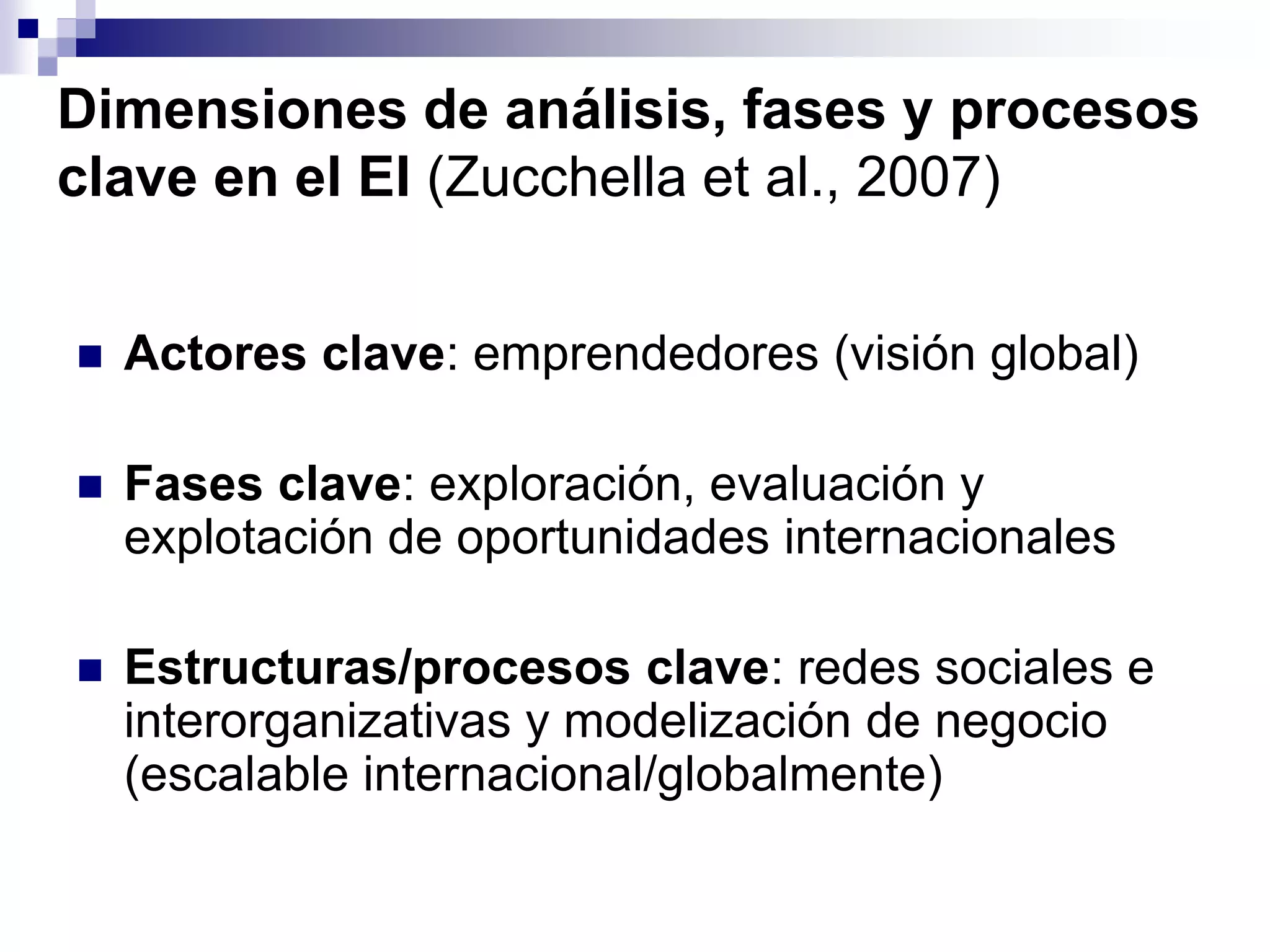 Dimensiones de análisis, fases y procesos
clave en el EI (Zucchella et al., 2007)
 Actores clave: emprendedores (visión global)
 Fases clave: exploración, evaluación y
explotación de oportunidades internacionales
 Estructuras/procesos clave: redes sociales e
interorganizativas y modelización de negocio
(escalable internacional/globalmente)
 