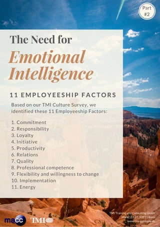 Emotional
Intelligence
The Need for
1 1 E M P L O Y E E S H I P F A C T O R S
Based on our TMI Culture Survey, we
identified these 11 Employeeship Factors:
1. Commitment
2. Responsibility
3. Loyalty
4. Initiative
5. Productivity
6. Relations
7. Quality
8. Professional competence
9. Flexibility and willingness to change
10. Implementation
11. Energy
Part
#2
TMI Training und Consulting GmbH
Markt 23-27, 53111 Bonn
www.tmi-germany.de
 