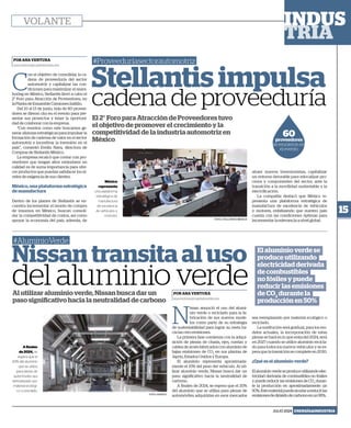 POR ANA VENTURA
ana.ventura@capitalmedia.mx
POR ANA VENTURA
ana.ventura@capitalmedia.mx
Stellantis impulsa
cadena de proveeduría
Nissan transita al uso
del aluminio verde
#Proveeduríasectorautomotriz
#AluminioVerde
C
on el objetivo de consolidar la ca-
dena de proveeduría del sector
automotriz y capitalizar las con-
diciones para maximizar el nears-
horing en México, Stellantis llevó a cabo el
2° Foro para Atracción de Proveedores, en
la Planta de Ensamble Camiones Saltillo.
Del 10 al 13 de junio, más de 60 provee-
dores se dieron cita en el evento para pre-
sentar sus proyectos y tener la oportuni-
dad de colaborar con la empresa.
“Con eventos como este buscamos ge-
nerar alianzas estratégicas para impulsar la
formación de cadenas de valor en el sector
automotriz e incentivar la inversión en el
país”, comentó Evelin Nava, directora de
Compras de Stellantis México.
La empresa recalcó que contar con pro-
veedores que tengan altos estándares en
calidad es de suma importancia para ofre-
cer productos que puedan satisfacer los ni-
veles de exigencia de sus clientes.
México, una plataforma estratégica
de manufactura
Dentro de los planes de Stellantis se en-
cuentra incrementar el monto de compra
de insumos en México, buscan consoli-
dar la competitividad de costos, así como
apoyar la economía del país, además, de
N
issan anunció el uso del alumi-
nio verde o reciclado para la fa-
bricación de sus nuevos mode-
los como parte de su estrategia
de sustentabilidad para lograr su meta ha-
cia las cero emisiones.
La primera fase comienza con la adqui-
sición de piezas de chasis, ejes, ruedas y
cables de arnés fabricados con aluminio de
bajas emisiones de CO2
en sus plantas de
Japón, Estados Unidos y Europa.
El aluminio representa aproximada-
mente el 10% del peso del vehículo. Al uti-
lizar aluminio verde, Nissan busca dar un
paso significativo hacia la neutralidad de
carbono.
A finales de 2024, se espera que el 20%
del aluminio que se utiliza para piezas de
automóviles adquiridas en esos mercados
El 2° Foro para Atracción de Proveedores tuvo
el objetivo de promover el crecimiento y la
competitividad de la industria automotriz en
México
Al utilizar aluminio verde, Nissan busca dar un
paso significativo hacia la neutralidad de carbono
atraer nuevos inversionistas, capitalizar
un entorno favorable para relocalizar pro-
cesos y componentes del sector, ante la
transición a la movilidad sustentable y la
electrificación.
La compañía destacó que México re-
presenta una plataforma estratégica de
manufactura de excelencia de vehículos
y motores, enfatizando que nuestro país
cuenta con las condiciones óptimas para
incrementar la relevancia a nivel global.
sea reemplazado por material ecológico o
reciclado.
La sustitución será gradual, para los mo-
delos actuales, la incorporación de estas
piezas se hará en lo que resta del 2024, será
en 2027 cuando se utilice aluminio recicla-
do para todos los nuevos vehículos y se es-
pera que la transición se complete en 2030.
¿Qué es el aluminio verde?
Elaluminioverdeseproduceutilizandoelec-
tricidad derivada de combustibles no fósiles
y puede reducir las emisiones de CO2
duran-
te la producción en aproximadamente un
50%.Estematerialpuedeayudarareducirlas
emisionesdedióxidodecarbonoenun95%.
60
proveedores
se reunieron en
el evento
México
representa
una plataforma
estratégica de
manufactura
de excelencia
de vehículos y
motores.
Afinales
de2024, se
espera que el
20% del aluminio
que se utiliza
para piezas de
automóviles sea
reemplazado por
material ecológi-
co o reciclado.
FOTO: STELLANTIS MÉXICO
FOTO: ENVATO.
El aluminio verde se
produce utilizando
electricidad derivada
de combustibles
no fósiles y puede
reducir las emisiones
de CO2
durante la
producción en 50%
15
JULIO 2024 ENERGÍA&INDUSTRIA
VOLANTE
 