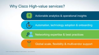 Automation, technology adoption & onboarding
Networking expertise & best practices
Global scale, flexibility & multivendor support
Actionable analytics & operational insights
Why Cisco High-value services?
 