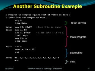 Another Subroutine Example
 ; Program to compute square root of value on Port 3
 ; (bits 3-0) and output on Port 1.
         org 0
         ljmp Main                                                         reset service
 Main:         mov P3, #0xFF       ; Port 3 is an input
 loop:         mov a, P3
               anl a, #0x0F        ; Clear bits 7..4 of A
               lcall sqrt
               mov P1, a                                                   main program
               sjmp loop

 sqrt:         inc a
               movc a, @a + PC
               ret                                                         subroutine
 Sqrs:         db 0,1,1,1,2,2,2,2,2,3,3,3,3,3,3,3
               end
                                                                           data

Sep-Oct 2011             Mallabhum Institute of Technology   Debasis Das                   101
 