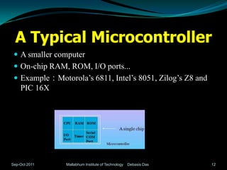 A Typical Microcontroller
  A smaller computer
  On-chip RAM, ROM, I/O ports...
  Example：Motorola’s 6811, Intel’s 8051, Zilog’s Z8 and
    PIC 16X




Sep-Oct 2011   Mallabhum Institute of Technology   Debasis Das   12
 