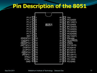 Pin Description of the 8051
                       P1.0      1                                40      Vcc
                       P1.1      2                                39      P0.0(AD0
                       P1.2      3                                38      P
                                                                          ) 0.1(AD1)
                       P1.3
                       P1.4
                                 4
                                 5
                                               8051               37
                                                                  36
                                                                          P0.2(AD2
                                                                          P0.3(AD3)
                                                                          )
                       P1.5      6                                35      P0.4(AD4)
                       P1.6      7                                34      P0.5(AD5)
                       P1.7      8                                33      P0.6(AD6)
                       RST       9                                32      P0.7(AD7)
               (RXD)P3.0         10                               31      EA/VPP
                (TXD)P3.1        11                               30      ALE/PROG
               (INT0)P3.2        12                               29      PSEN
               (INT1)P3.3        13                               28      P2.7(A15)
                   (T0)P3.4      14                               27      P2.6(A14
                   (T1)P3.5      15                               26      P
                                                                          ) 2.5(A13
                 (WR)P3.6        16                               25      P2.4(A12
                                                                          )
                  (RD)P3.7       17                               24      P
                                                                          ) 2.3(A11)
                     XTAL2       18                               23      P2.2(A10)
                     XTAL1       19                               22      P2.1(A9)
                       GND       20                               21      P2.0(A8)



Sep-Oct 2011            Mallabhum Institute of Technology   Debasis Das                17
 