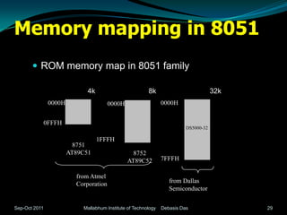 Memory mapping in 8051
        ROM memory map in 8051 family

                             4k                         8k                           32k
               0000H                   0000H                   0000H


           0FFFH
                                                                         DS5000-32

                                  1FFFH
                         8751
                       AT89C51                   8752
                                               AT89C52         7FFFH

                         from Atmel
                         Corporation                              from Dallas
                                                                  Semiconductor


Sep-Oct 2011               Mallabhum Institute of Technology   Debasis Das                 29
 