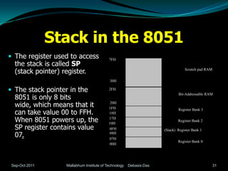 Stack in the 8051
 The register used to access               7FH
  the stack is called SP
  (stack pointer) register.                                                       Scratch pad RAM


                                            30H

 The stack pointer in the                  2FH

  8051 is only 8 bits
                                                                              Bit-Addressable RAM


  wide, which means that it                  20H
                                            1FH
  can take value 00 to FFH.
                                                                              Register Bank 3
                                            18H

  When 8051 powers up, the                  17H
                                            10H
                                                                              Register Bank 2

  SP register contains value                0FH                       (Stack) Register Bank 1
  07.                                       08H
                                            07H
                                                                              Register Bank 0
                                            00H




 Sep-Oct 2011       Mallabhum Institute of Technology   Debasis Das                                 31
 