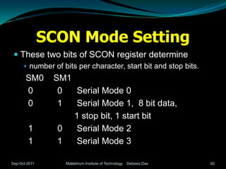SCON Mode Setting
  These two bits of SCON register determine
       number of bits per character, start bit and stop bits.
       SM0      SM1
       0         0   Serial Mode 0
       0         1   Serial Mode 1, 8 bit data,
                    1 stop bit, 1 start bit
        1        0   Serial Mode 2
        1        1   Serial Mode 3

Sep-Oct 2011       Mallabhum Institute of Technology   Debasis Das   62
 