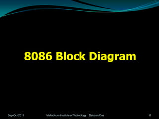 8086 Block Diagram




Sep-Oct 2011      Mallabhum Institute of Technology   Debasis Das   11
 