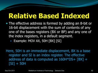 Relative Based Indexed
  The effective address is formed by adding an 8-bit or
    16-bit displacement with the sum of contents of any
    one of the bases registers (BX or BP) and any one of
    the index registers, in a default segment.
       Example: MOV AX, 50H [BX] [SI]


 Here, 50H is an immediate displacement, BX is a base
  register and SI is an index register. The effective
  address of data is computed as 160H*DS+ [BX] +
  [SI] + 50H
Sep-Oct 2011     Mallabhum Institute of Technology   Debasis Das   82
 
