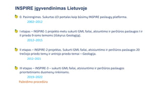 • 0. Pasirengimas. Sukurtas LEI portalas kaip būsimų INSPIRE paslaugų platforma.
2002–2012
• I etapas – INSPIRE-1 projekto metu sukurti GML failai, atsiuntimo ir peržiūros paslaugos I ir
II priedo 9-ioms temoms (išskyrus Geologiją).
2012–2015
• II etapas – INSPIRE-2 projektas. Sukurti GML failai, atsisiuntimo ir peržiūros paslaugos 20
trečiojo priedo temų ir antrojo priedo temai – Geologija.
2012–2021
• III etapas – INSPIRE-3 – sukurti GML failai, atsisiuntimo ir peržiūros paslaugos
prioritetiniams duomenų rinkiniams.
2019–2022
Pažeidimo procedūra
INSPIRE įgyvendinimas Lietuvoje
 