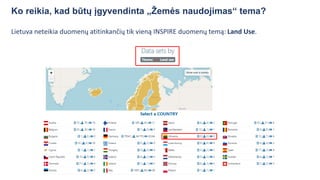 Ko reikia, kad būtų įgyvendinta „Žemės naudojimas“ tema?
Lietuva neteikia duomenų atitinkančių tik vieną INSPIRE duomenų temą: Land Use.
 