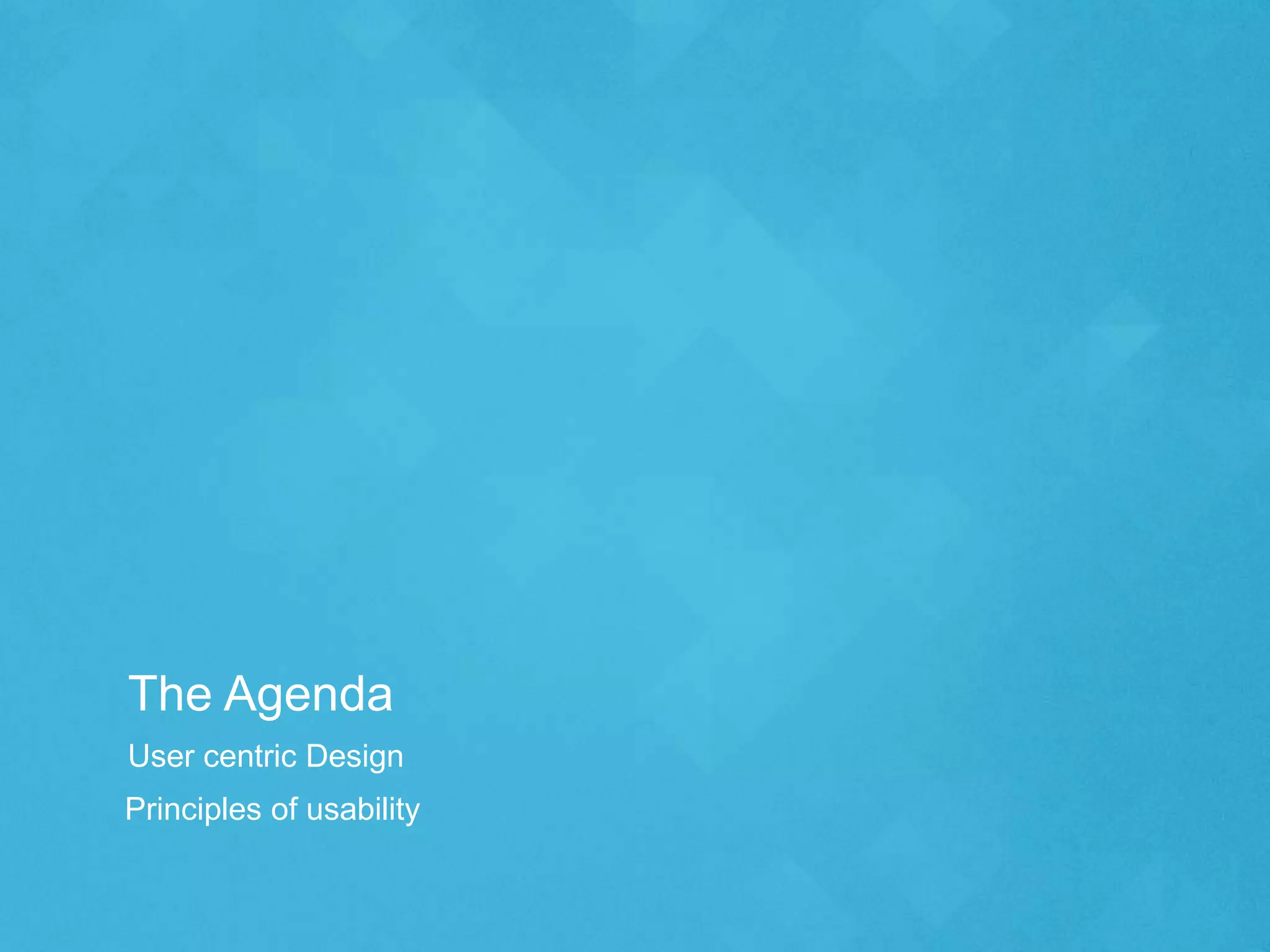 The Agenda
User centric Design
Principles of usability
 