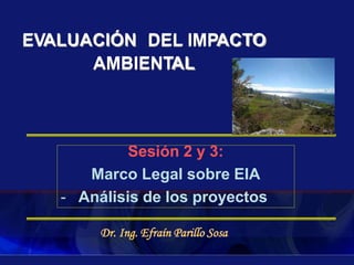Sesión 2 y 3:
Marco Legal sobre EIA
- Análisis de los proyectos
Dr. Ing. Efraín Parillo Sosa
EVALUACIÓN DEL IMPACTO
AMBIENTAL
 