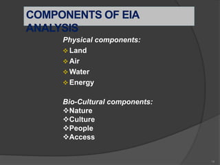 Physical components:
 Land
 Air
 Water
 Energy
Bio-Cultural components:
Nature
Culture
People
Access
14
 
