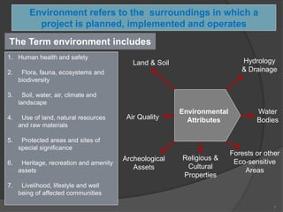 1. Human health and safety
2. Flora, fauna, ecosystems and
biodiversity
3. Soil, water, air, climate and
landscape
4. Use of land, natural resources
and raw materials
5. Protected areas and sites of
special significance
6. Heritage, recreation and amenity
assets
7. Livelihood, lifestyle and well
being of affected communities
Environment refers to the surroundings in which a
project is planned, implemented and operates
The Term environment includes
Environmental
Attributes
Land & Soil
Archeological
Assets
Religious &
Cultural
Properties
Forests or other
Eco-sensitive
Areas
Water
Bodies
Hydrology
& Drainage
Air Quality
7
 