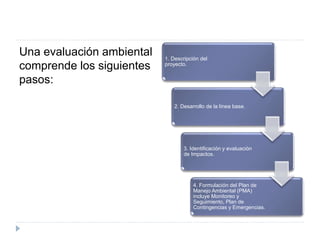 Una evaluación ambiental
comprende los siguientes
pasos:
1. Descripción del
proyecto.
2. Desarrollo de la línea base.
3. Identificación y evaluación
de Impactos.
4. Formulación del Plan de
Manejo Ambiental (PMA)
incluye Monitoreo y
Seguimiento, Plan de
Contingencias y Emergencias.
 