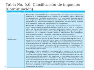 Tabla No. 6.6: Clasificación de impactos
(Continuación)
 
