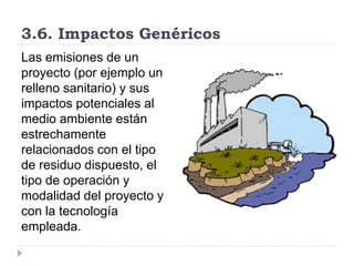 3.6. Impactos Genéricos
Las emisiones de un
proyecto (por ejemplo un
relleno sanitario) y sus
impactos potenciales al
medio ambiente están
estrechamente
relacionados con el tipo
de residuo dispuesto, el
tipo de operación y
modalidad del proyecto y
con la tecnología
empleada.
 