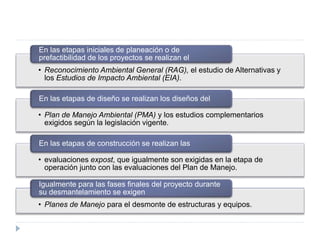 • Reconocimiento Ambiental General (RAG), el estudio de Alternativas y
los Estudios de Impacto Ambiental (EIA).
En las etapas iniciales de planeación o de
prefactibilidad de los proyectos se realizan el
• Plan de Manejo Ambiental (PMA) y los estudios complementarios
exigidos según la legislación vigente.
En las etapas de diseño se realizan los diseños del
• evaluaciones expost, que igualmente son exigidas en la etapa de
operación junto con las evaluaciones del Plan de Manejo.
En las etapas de construcción se realizan las
• Planes de Manejo para el desmonte de estructuras y equipos.
Igualmente para las fases finales del proyecto durante
su desmantelamiento se exigen
 