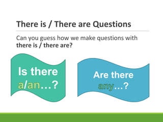 There is / There are Questions
Can you guess how we make questions with
there is / there are?
Is there
/ …?
Are there
…?
 