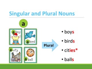 Singular and Plural Nouns
a
Plural
• boys
• birds
• cities*
• balls
a
a
a
a
 