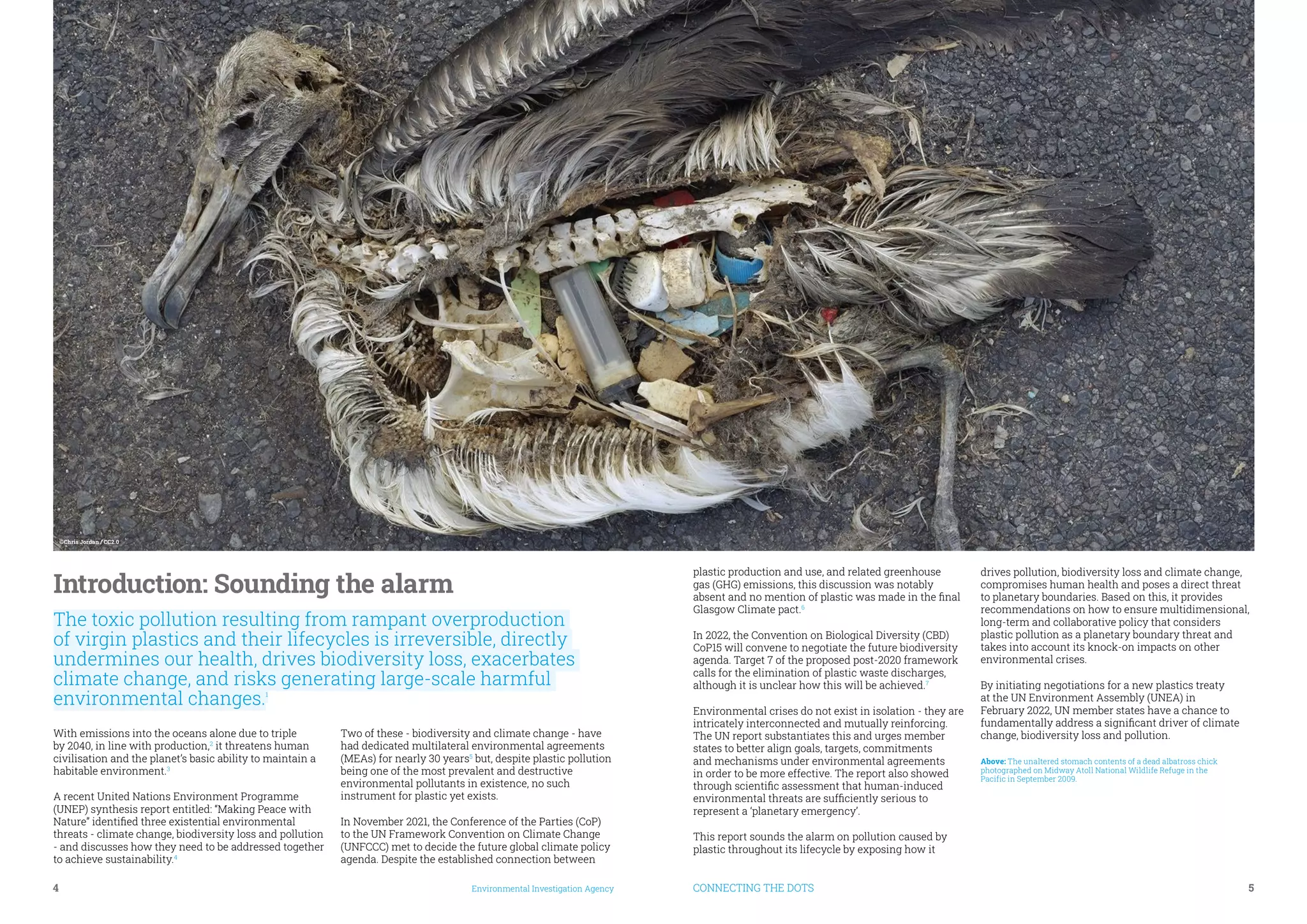 4	 Environmental Investigation Agency CONNECTING THE DOTS	 5
Above: The unaltered stomach contents of a dead albatross chick
photographed on Midway Atoll National Wildlife Refuge in the
Pacific in September 2009.
Introduction: Sounding the alarm
The toxic pollution resulting from rampant overproduction
of virgin plastics and their lifecycles is irreversible, directly
undermines our health, drives biodiversity loss, exacerbates
climate change, and risks generating large-scale harmful
environmental changes.1
With emissions into the oceans alone due to triple
by 2040, in line with production,2
it threatens human
civilisation and the planet’s basic ability to maintain a
habitable environment.3
A recent United Nations Environment Programme
(UNEP) synthesis report entitled: “Making Peace with
Nature’’ identified three existential environmental
threats - climate change, biodiversity loss and pollution
- and discusses how they need to be addressed together
to achieve sustainability.4
Two of these - biodiversity and climate change - have
had dedicated multilateral environmental agreements
(MEAs) for nearly 30 years5
but, despite plastic pollution
being one of the most prevalent and destructive
environmental pollutants in existence, no such
instrument for plastic yet exists.
In November 2021, the Conference of the Parties (CoP)
to the UN Framework Convention on Climate Change
(UNFCCC) met to decide the future global climate policy
agenda. Despite the established connection between
plastic production and use, and related greenhouse
gas (GHG) emissions, this discussion was notably
absent and no mention of plastic was made in the final
Glasgow Climate pact.6
In 2022, the Convention on Biological Diversity (CBD)
CoP15 will convene to negotiate the future biodiversity
agenda. Target 7 of the proposed post-2020 framework
calls for the elimination of plastic waste discharges,
although it is unclear how this will be achieved.7
Environmental crises do not exist in isolation - they are
intricately interconnected and mutually reinforcing.
The UN report substantiates this and urges member
states to better align goals, targets, commitments
and mechanisms under environmental agreements
in order to be more effective. The report also showed
through scientific assessment that human-induced
environmental threats are sufficiently serious to
represent a ‘planetary emergency’.
This report sounds the alarm on pollution caused by
plastic throughout its lifecycle by exposing how it
drives pollution, biodiversity loss and climate change,
compromises human health and poses a direct threat
to planetary boundaries. Based on this, it provides
recommendations on how to ensure multidimensional,
long-term and collaborative policy that considers
plastic pollution as a planetary boundary threat and
takes into account its knock-on impacts on other
environmental crises.
By initiating negotiations for a new plastics treaty
at the UN Environment Assembly (UNEA) in
February 2022, UN member states have a chance to
fundamentally address a significant driver of climate
change, biodiversity loss and pollution.
©Chris Jordan / CC2.0
 