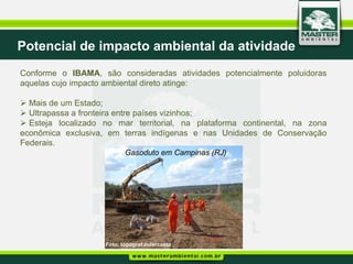 Potencial de impacto ambiental da atividade
Conforme o IBAMA, são consideradas atividades potencialmente poluidoras
aquelas cujo impacto ambiental direto atinge:

 Mais de um Estado;
 Ultrapassa a fronteira entre países vizinhos;
 Esteja localizado no mar territorial, na plataforma continental, na zona
econômica exclusiva, em terras indígenas e nas Unidades de Conservação
Federais.
                           Gasoduto em Campinas (RJ)




                    Foto: topograf.eulercosta
 