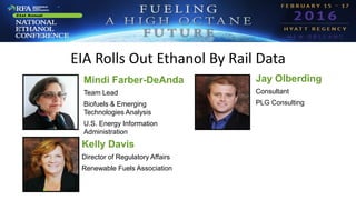 EIA Rolls Out Ethanol By Rail Data
Mindi Farber-DeAnda
Team Lead
Biofuels & Emerging
Technologies Analysis
U.S. Energy Information
Administration
Kelly Davis
Director of Regulatory Affairs
Renewable Fuels Association
Jay Olberding
Consultant
PLG Consulting
 