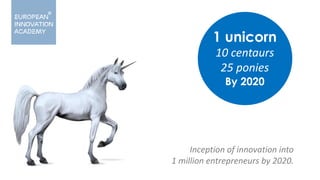 1 unicorn
10 centaurs
25 ponies
By 2020
Inception of innovation into
1 million entrepreneurs by 2020.
 