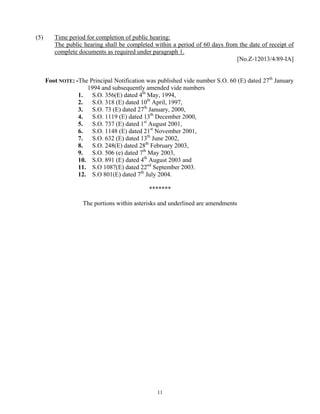 (5) Time period for completion of public hearing:
The public hearing shall be completed within a period of 60 days from the date of receipt of
complete documents as required under paragraph 1.
[No.Z-12013/4/89-IA]
Foot NOTE: -The Principal Notification was published vide number S.O. 60 (E) dated 27th
January
1994 and subsequently amended vide numbers
1. S.O. 356(E) dated 4th
May, 1994,
2. S.O. 318 (E) dated 10th
April, 1997,
3. S.O. 73 (E) dated 27th
January, 2000,
4. S.O. 1119 (E) dated 13th
December 2000,
5. S.O. 737 (E) dated 1st
August 2001,
6. S.O. 1148 (E) dated 21st
November 2001,
7. S.O. 632 (E) dated 13th
June 2002,
8. S.O. 248(E) dated 28th
February 2003,
9. S.O. 506 (e) dated 7th
May 2003,
10. S.O. 891 (E) dated 4th
August 2003 and
11. S.O 1087(E) dated 22nd
September 2003.
12. S.O 801(E) dated 7th
July 2004.
*******
The portions within asterisks and underlined are amendments
11
 