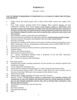 SCHEDULE-I
(See paras 1 and 2)
LIST OF PROJECTS REQUIRING ENVIRONMENTAL CLEARANCE FROM THE CENTRAL
GOVERNMENT
1. Nuclear Power and related projects such as Heavy Water Plants, nuclear fuel complex, Rare
Earths.
2. River Valley projects including Hydel Power Projects, Major Irrigation Projects and their
combination including flood control project except projects relating to improvement work
including widening and strengthening of existing canals with land acquisition upto a maximum of
20 metres, (on both sides put together) along the existing alignments provided such canals do not
pass through ecologically sensitive areas such as national parks, sanctuaries, tiger reserves and
reserve forests..
3. Ports, Harbours, Airports (except minor ports and harbours).
4. Petroleum Refineries including crude and product pipelines; isolated petroleum product storages.
5. Chemical Fertilizers (Nitrogenous and Phosphatic other than single superphosphate).
6. Pesticides (Technical).
7. Petrochemical complexes (Both Olefinic and Aromatic) and Petro-chemical intermediates such as
DMT, Caprolactam, LAB etc. and production of basic plastics such as LLDPE, HDPE, PP, PVC.
8. Bulk drugs and pharmaceuticals.
9. Exploration for oil and gas and their production, transportation and storage.
10. Synthetic Rubber.
11. Asbestos and Asbestos products.
12. Hydrocyanic acid and its derivatives.
13 (a) Primary metallurgical industries (such as production of Iron and Steel, Aluminium,
Copper, Zinc, Lead and Ferro Alloys).
(b) Electric arc furnaces (Mini Steel Plants).
14. Chlor alkali industry.
15. Integrated paint complex including manufacture of resins and basic raw materials required in the
manufacture of paints.
16. Viscose Staple fibre and filament yarn.
17. Storage batteries integrated with manufacture of oxides of lead and lead antimony alloys.
18. All tourism projects between 200m—500 metres of High Water Line and at locations with an
elevation of more than 1000 metres with investment of more than Rs.5 crores.
19. Thermal Power Plants.
20. Mining projects *(major minerals)* with leases more than 5 hectares.
21. Highway Projects **except projects relating to improvement work including widening and
strengthening of roads with marginal land acquisition along the existing alignments provided it
does not pass through ecologically sensitive areas such as National Parks, Sanctuaries, Tiger
Reserves, Reserve Forests**
22. Tarred Roads in the Himalayas and or Forest areas.
23. Distilleries.
24. Raw Skins and Hides
25. Pulp, paper and newsprint.
26. Dyes.
5
 