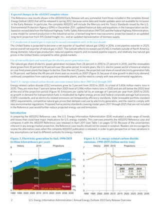 AEO2012 Early Release Overview

Expected changes in the AEO2012 complete release
The Reference case results shown in the AEO2012 Early Release will vary somewhat from those included in the complete Annual
Energy Outlook (AEO) that will be released in spring 2012, because some data and model updates were not available for inclusion
in the Early Release. In particular, the complete AEO2012 will include the Mercury and Air Toxics Standards issued by the U.S.
Environmental Protection Agency (EPA) in December 2011; updated historical data and equations in the transportation sector,
based on revised data from the National Highway Traffic Safety Administration (NHTSA) and the Federal Highway Administration;
a new model for cement production in the industrial sector; a revised long-term macroeconomic projection based on an updated
long-term projection from IHS Global Insight, Inc.; and an updated representation of biomass supply.
U.S. production of natural gas is expected to exceed consumption early in the next decade
The United States is projected to become a net exporter of liquefied natural gas (LNG) in 2016, a net pipeline exporter in 2025,
and an overall net exporter of natural gas in 2021. The outlook reflects increased use of LNG in markets outside of North America,
strong domestic natural gas production, reduced pipeline imports and increased pipeline exports, and relatively low natural gas
prices in the United States compared to other global markets.

Use of renewable fuels and natural gas for electric power generation rises
The natural gas share of electric power generation increases from 24 percent in 2010 to 27 percent in 2035, and the renewables
share grows from 10 percent to 16 percent over the same period. In recent years, the U.S. electric power sector’s historical reliance
on coal-fired power plants has begun to decline. Over the next 25 years, the projected coal share of overall electricity generation falls
to 39 percent, well below the 49-percent share seen as recently as 2007 (Figure 3), because of slow growth in electricity demand,
continued competition from natural gas and renewable plants, and the need to comply with new environmental regulations.

Total U.S. energy-related carbon dioxide emissions remain below their 2005 level through 2035
Energy-related carbon dioxide (CO2) emissions grow by 3 percent from 2010 to 2035, to a total of 5,806 million metric tons in
2035. They are more than 7 percent below their 2005 level of 5,996 million metric tons in 2020 and are still below the 2005 level
at the end of the projection period (Figure 4). Emissions per capita fall by an average of 1 percent per year from 2005 to 2035,
as growth in demand for transportation fuels is moderated by higher energy prices and Federal corporate average fuel economy
(CAFE) standards, and as electricity-related emissions are tempered by efficiency standards, State renewable portfolio standard
(RPS) requirements, competitive natural gas prices that dampen coal use by electricity generators, and the need to comply with
new environmental regulations. Proposed fuel economy standards covering model years 2017 through 2025 that are not included
in the Reference case would further reduce projected energy use and emissions.

Introduction
In preparing the AEO2012 Reference case, the U.S. Energy Information Administration (EIA) evaluated a wide range of trends
and issues that could have major implications for U.S. energy markets. This overview presents the AEO2012 Reference case and
compares it with the AEO2011 Reference case released in April 2011 (see Table 1 on pages 12-13). Because of the uncertainties
inherent in any energy market projection, the Reference case results should not be viewed in isolation. Readers are encouraged to
review the alternative cases when the complete AEO2012 publication is released, in order to gain perspective on how variations in
key assumptions can lead to different outlooks for energy markets.

Figure 3. Electricity generation by fuel, 1990-2035                     Figure 4. U.S. energy-related carbon dioxide
(trillion kilowatthours per year)                                       emissions, 1990-2035 (billion metric tons)
      History            2010            Projections                             History   2005 2010           Projections
6                                                                      7


5                                                                      6

                                               Natural gas 27%         5
4
                       24%
                                              Renewables 16%                                          Energy-related CO2 emissions
                                                                       4
                       10%
3                                                                                                          2005       2020 2035
                                                                       3                                   6.00       5.55   5.81
                                                       Coal 39%                                              —       -7.5% -3.2%
2                                                                                                                 (change from 2005)
                       45%                                             2

1
                                                                       1
                     20%                          Nuclear 18%
                    1%  Oil and other liquids
0                                               1%                     0
1990 1995 2000 2005 2010 2015 2020 2025 2030 2035                      1990 1995 2000 2005 2010 2015 2020 2025 2030 2035

2                 U.S. Energy Information Administration | Annual Energy Outlook 2012 Early Release Overview
 